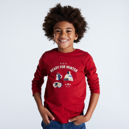 Avis T-shirt manches longues imprimé hiver rouge garçon OKAIDI 1