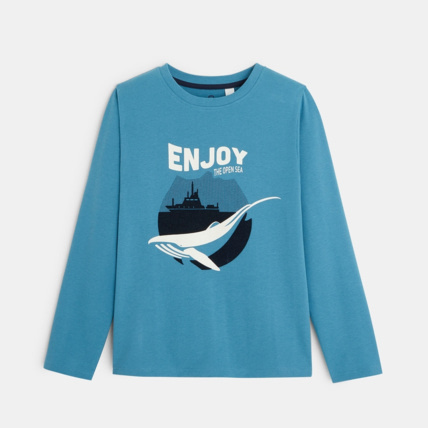 Avis T-shirt manches longues à message et motif baleine bleu garçon OKAIDI 1