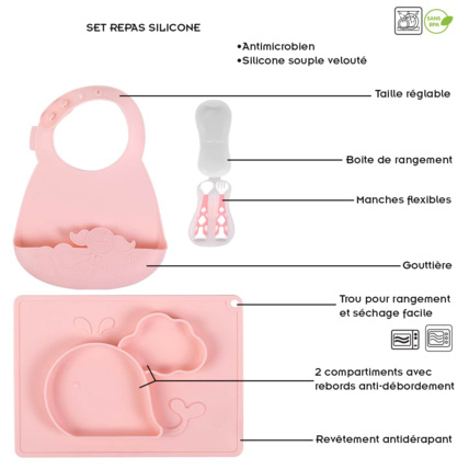 Avis Set assiette couverts bavoir en silicone pour bébé TASTY PLASTIMYR 8