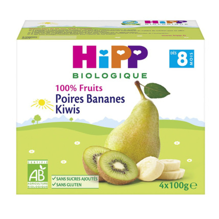 Avis Poires Kiwiw Bananes 100% fruits - 4 coupelles x 100g - 8 mois HIPP 1