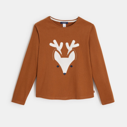 Avis T-shirt doux à motif patché Caribou marron fille OKAIDI 1