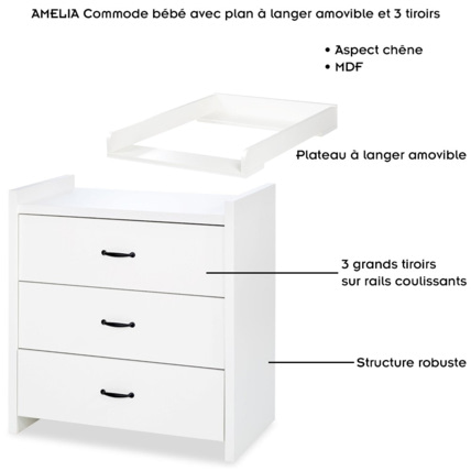 Avis Commode bébé avec plan à langer amovible et 3 tiroirs AMELIA  Mon Mobilier Design 2