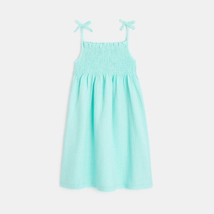 Avis Robe à smocks unie en gaze de coton bleue fille OKAIDI 1