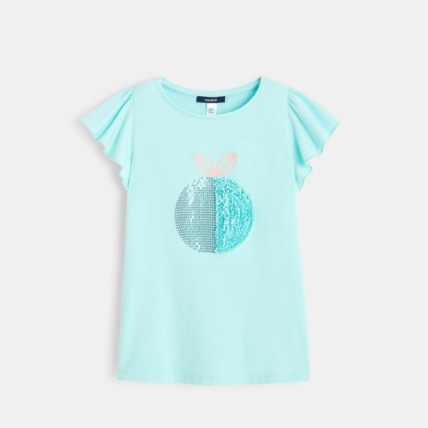 Avis T-shirt à sequins motif pomme turquoise fille OKAIDI 2