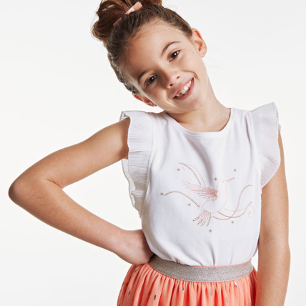Avis T-shirt manches plissées oiseau blanc fille OKAIDI 1