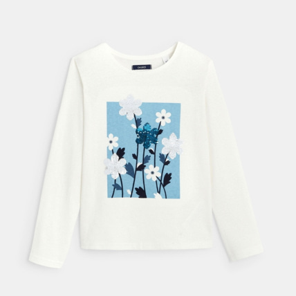 Avis T-shirt manches longues à fleurs et sequins bleu fille OKAIDI 1