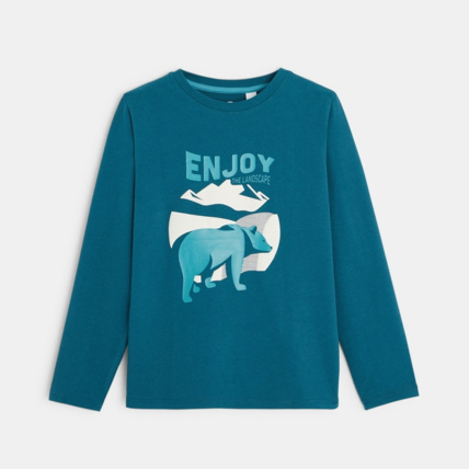 Avis T-shirt manches longues à message et motif ours turquoise garçon OKAIDI 1