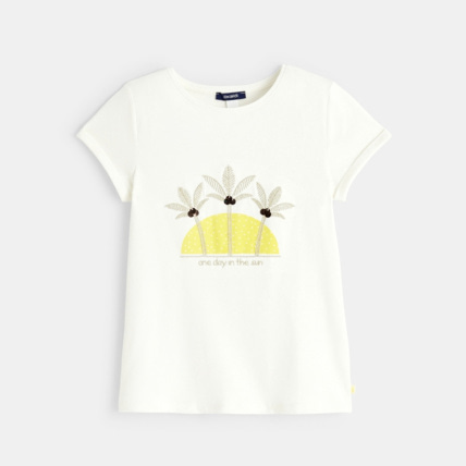 Avis T-shirt palmier à message "One day in the sun" jaune fille OKAIDI 1