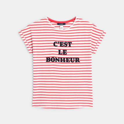 Avis T-shirt rayé à message "C'est le bonheur" rose fille OKAIDI 1