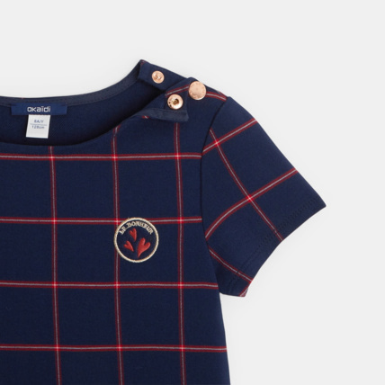 Avis Robe plissée à carreaux et écusson Le Bonheur bleue fille OKAIDI 4