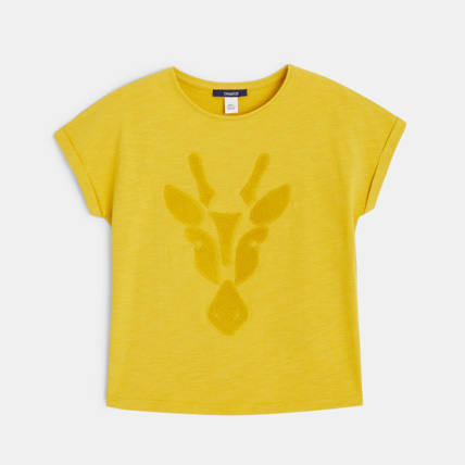 Avis T-shirt manches courtes motif animal jaune fille OKAIDI 1