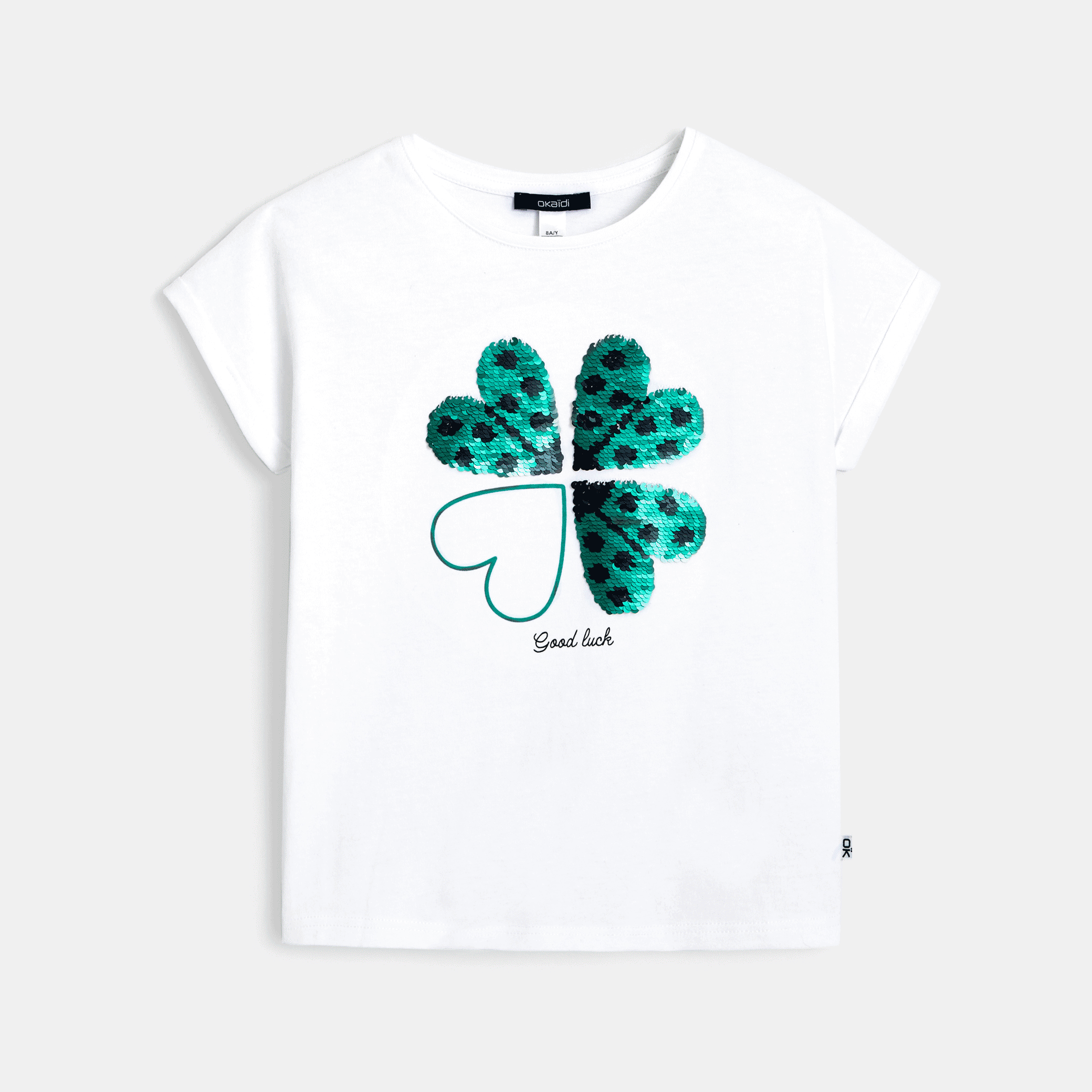 Avis T-shirt à sequins magiques motif Trèfle vert fille OKAIDI 5