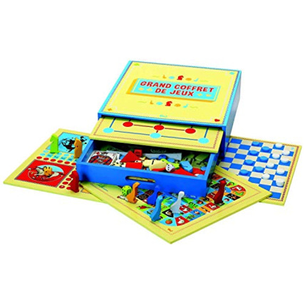 Avis Grand coffret de jeux : petits chevaux, oie, dames, marelle, mikado, tangram, dominos Jeujura 1