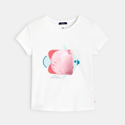 Avis T-shirt à sequins magiques Poisson blanc fille OKAIDI 1