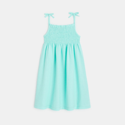 Avis Robe à smocks unie en gaze de coton bleue fille OKAIDI 4