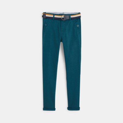 Avis Pantalon chino slim ceinturé en toile unie vert garçon OKAIDI 1
