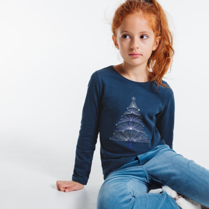 Avis T-shirt coton bio sequins et broderies sapin bleu fille OKAIDI 1
