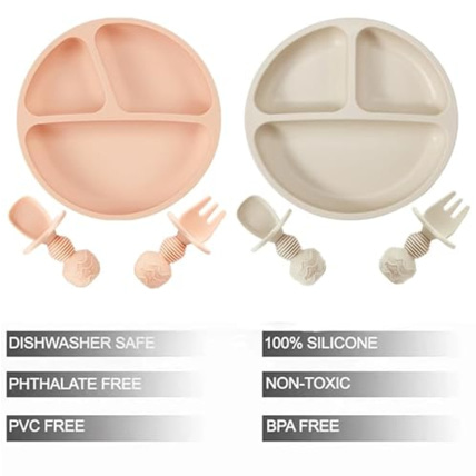 Avis Lot de 2 assiettes à ventouse en silicone avec compartiments, 2 cuillères et 2 fourchettes PandaEar 2