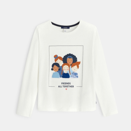 Avis T-shirt manches longues à message "Friends all together" bleu fille OKAIDI 1
