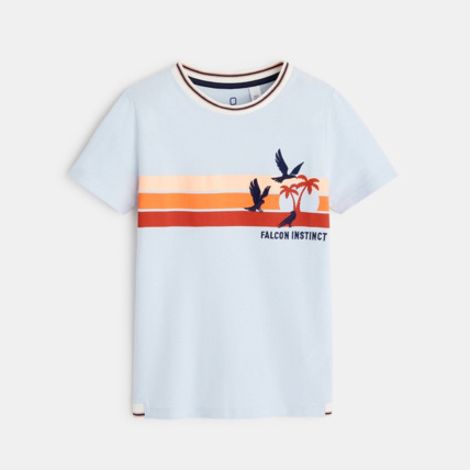 Avis T-shirt maille piquée rayures oiseaux brodés bleu garçon OKAIDI 1