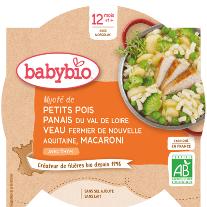 Avis Petits pois Panais du Centre-Val de Loire Veau fermier de Nouvelle-Aquitaine Macaroni au Thym Babybio 1
