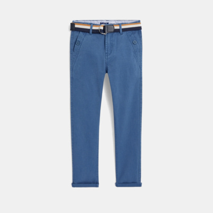 Avis Pantalon chino slim ceinturé en toile unie bleu garçon OKAIDI 1