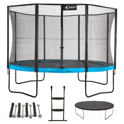 Avis Trampoline de jardin rond 430 cm + filet de sécurité + échelle + bâche de protection + kit ancrage Kangui 1
