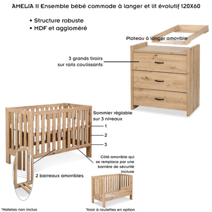 Avis Ensemble bébé commode à langer et lit évolutif sans tiroir AMELIA II Mon Mobilier Design 7