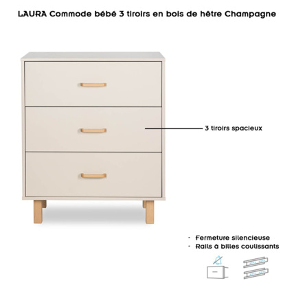 Avis Commode bébé en bois de hêtre 3 tiroirs sans plan à langer Laura Mon Mobilier Design 2