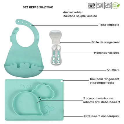 Avis Set assiette couverts bavoir en silicone pour bébé TASTY PLASTIMYR 3