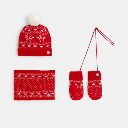 Avis Bonnet à pompon + snood + moufles coordonnés rouge fille OKAIDI 2