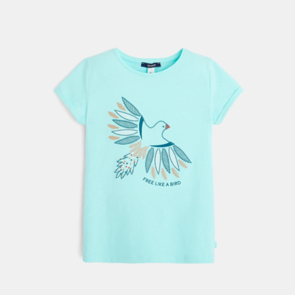 Avis T-shirt col rond à motif brodé turquoise fille OKAIDI 1