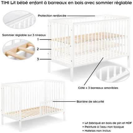 Avis Lit bébé enfant à barreaux en bois avec sommier réglable TIMI KLUPS 3