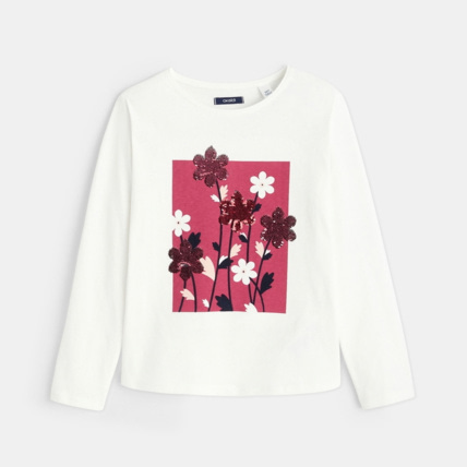 Avis T-shirt manches longues à fleurs et sequins rose fille OKAIDI 1