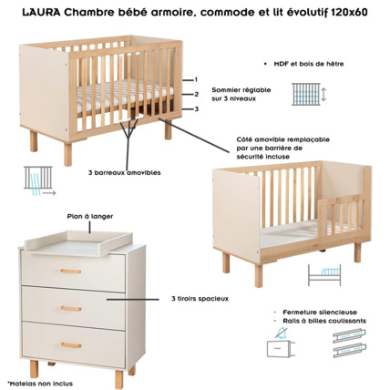 Avis Ensemble bébé commode et lit évolutif + plan à langer commode Laura Mon Mobilier Design 2