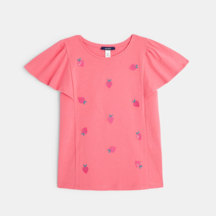 Avis T-shirt manches courtes broderies Fraises rose fille OKAIDI 1