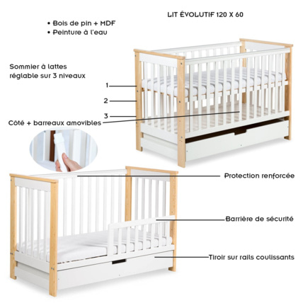Avis Ensemble commode à langer + lit évolutif bébé + tiroir IWO Mon Mobilier Design 8
