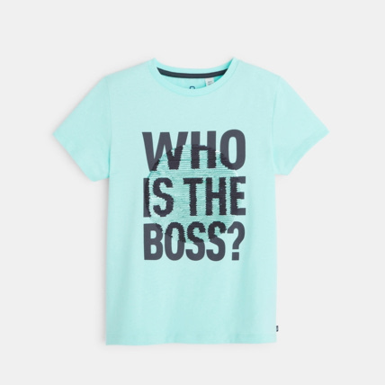 Avis T-shirt sequins magiques message et animal bleu garçon OKAIDI 1