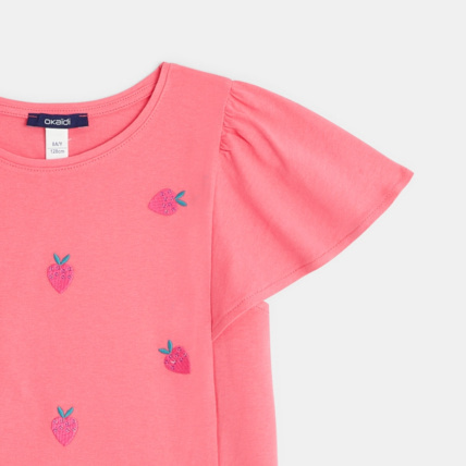 Avis T-shirt manches courtes broderies Fraises rose fille OKAIDI 3
