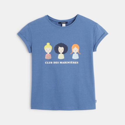 Avis T-shirt manches courtes sororité "Club des marinières" turquoise fille OKAIDI 1