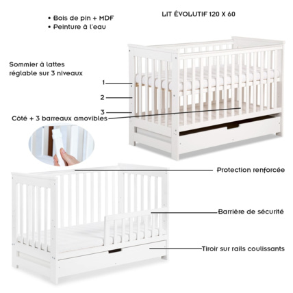 Avis Ensemble commode à langer + lit évolutif bébé + tiroir IWO Mon Mobilier Design 3