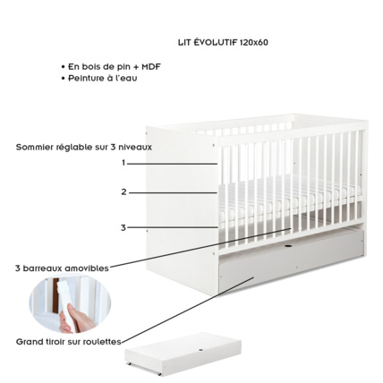 Avis Lit bébé enfant avec barreaux amovibles et sommier réglable DALIA Mon Mobilier Design 7