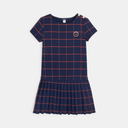 Avis Robe plissée à carreaux et écusson Le Bonheur bleue fille OKAIDI 2