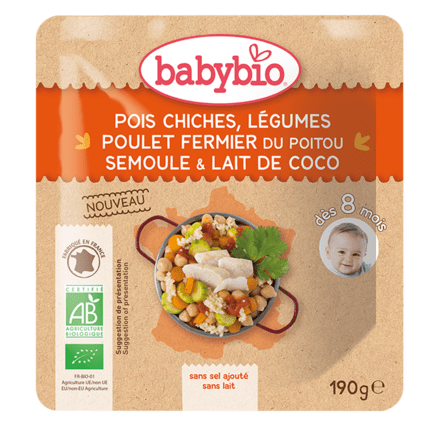 Avis Pois chiches Légumes Poulet fermier du Poitou Semoule Lait de Coco Babybio 1