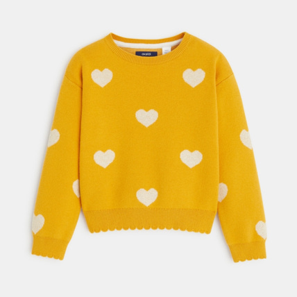 Avis Pull col rond motif cœurs jaune fille OKAIDI 1