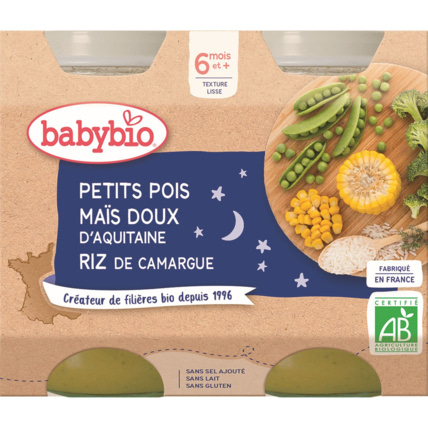 Avis Pots BONNE NUIT Petits pois maïs doux d'Aquitaine riz de Camargue 200 g dès 8 mois Babybio 1