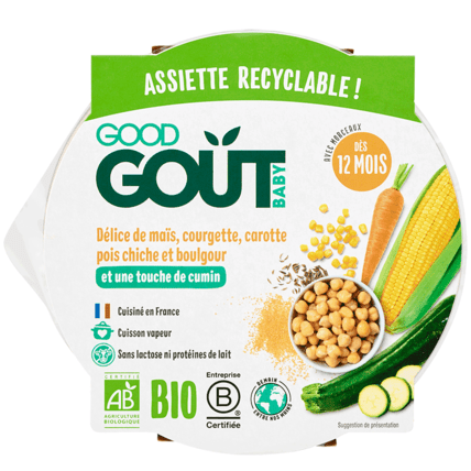 Avis Petit plat bio Délice de maïs, courgette, carotte pois chiche et boulgour Good Goût 1