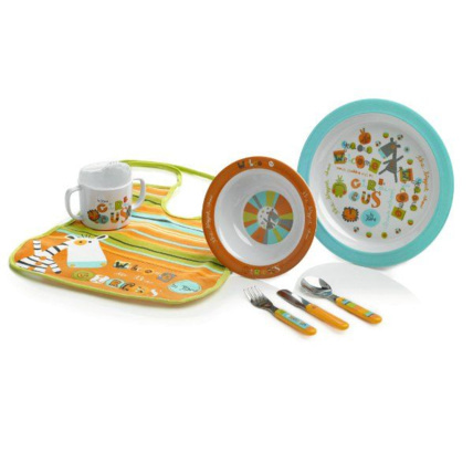 Avis Coffret repas mélamine 7 pièces avec bavoir Jané 1