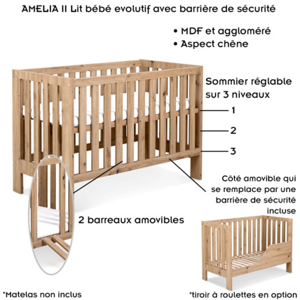 Avis Lit bébé évolutif avec barrière de sécurité et tiroir AMELIA II Mon Mobilier Design 7