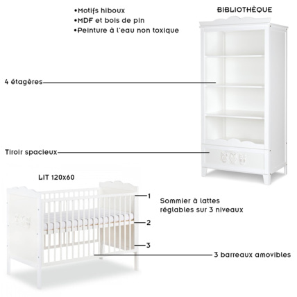 Avis Chambre bébé complète lit + commode à langer + armoire et bibliothèque MARSELL Mon Mobilier Design 3